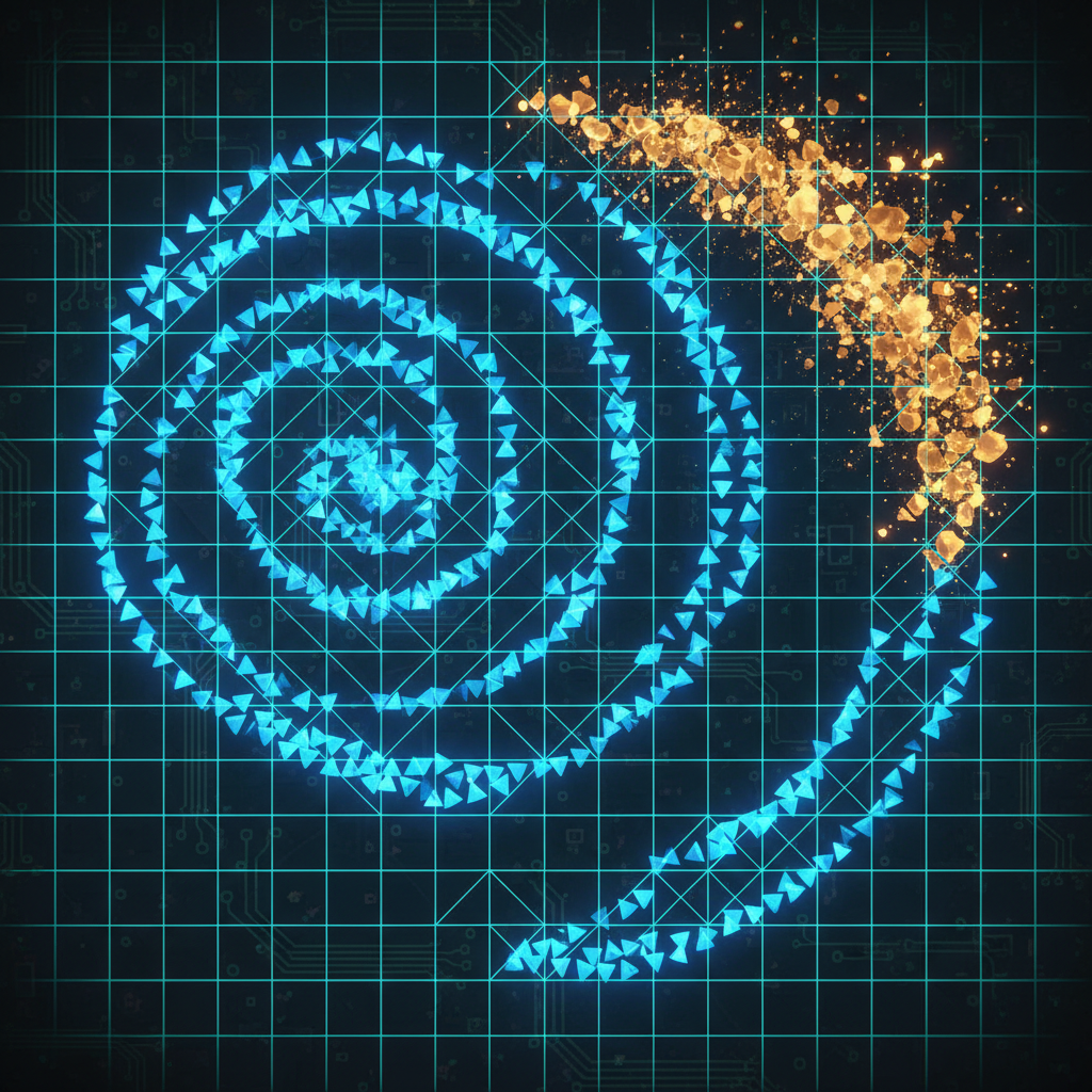 Top-down view of a contested digital territory map. Cold blue AI units form geometric patterns across the grid. In one corner, amber human players push back in an irregular, improvised wedge.
