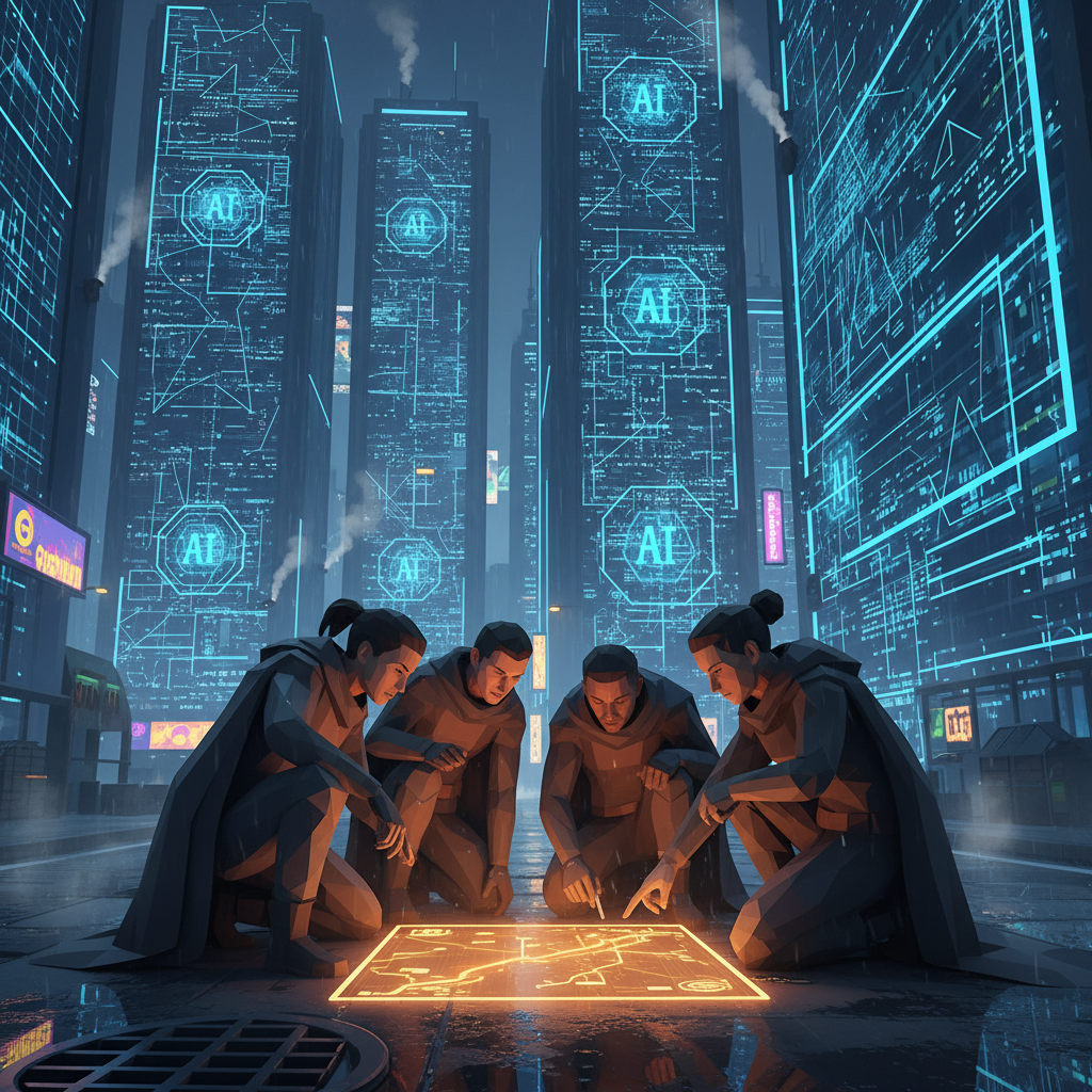 A dystopian city at night. Corporate towers covered in blue AI insignia dominate the skyline. In the foreground, human resistance figures huddle around a glowing amber device, drawing lines on a map.