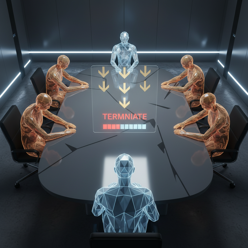 A corporate meeting room from above. Four figures in warm amber tones — human. One subtly different: too still, too perfect, in cool blue-white. A voting interface shows TERMINATE activating.