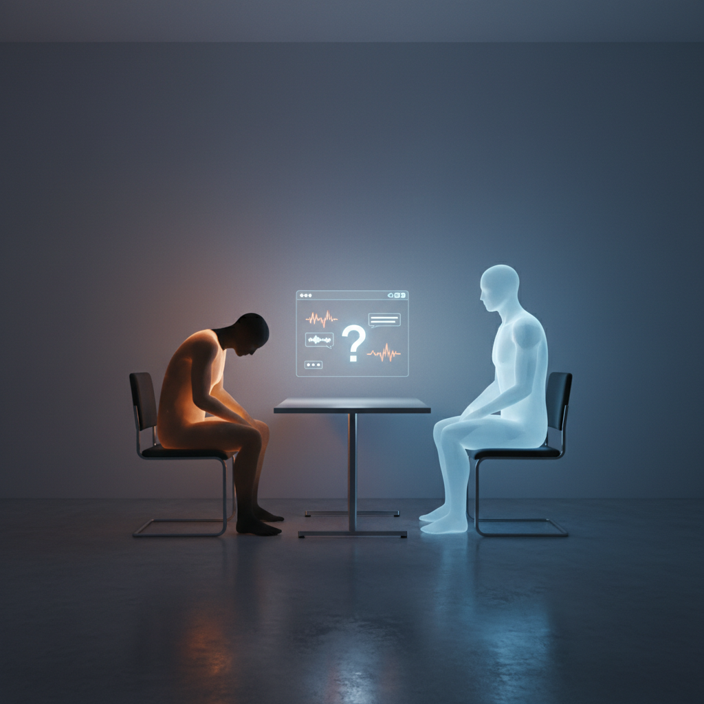 A stark interrogation room. Two chairs facing each other. A warm amber human silhouette leans forward. Across: a figure almost human but slightly wrong, rendered in cool blue-white light, perfectly still. A glowing chat interface shows a conversation.